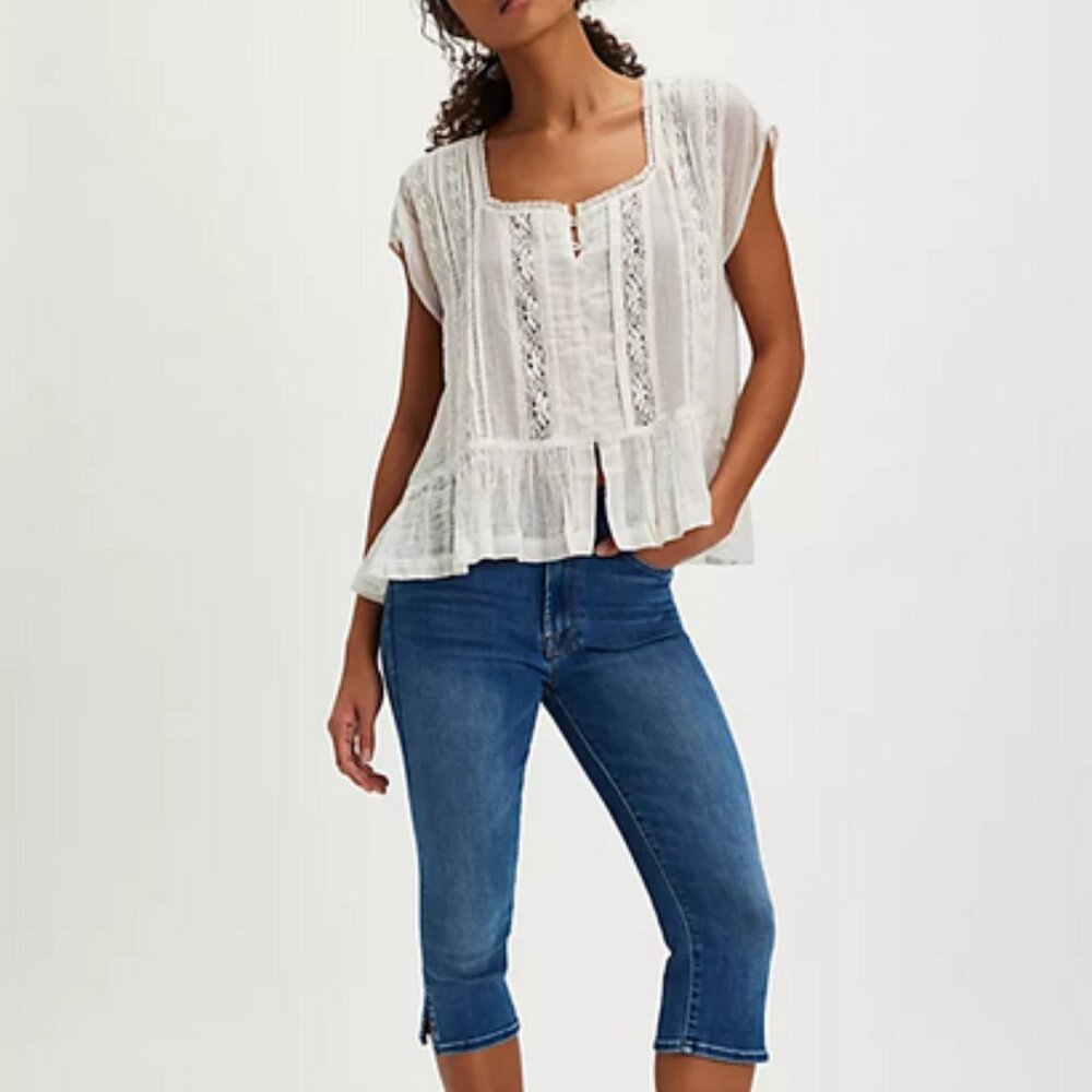 Free People FP One Georgia Blouse Top Lace Trim Capped Sleeve XS - Picture 4 of 10